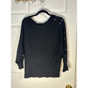 Carmen‎ Marc Valvo Black Ribbed Knit Sweater Lace-Up Sleeve Detail Medium
